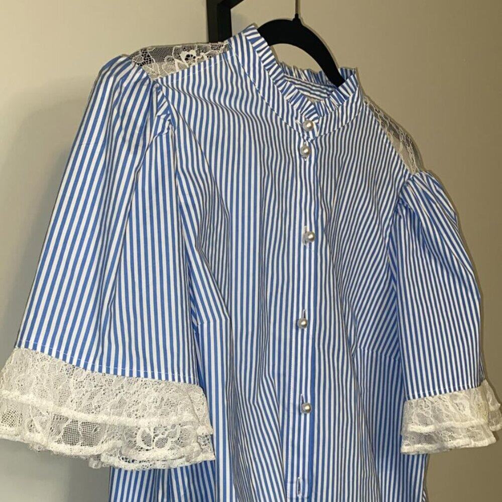 Halston Women Blue Striped Stretch Poplin Lace-Trimmed Blouse Top - Picture 9 of 9
